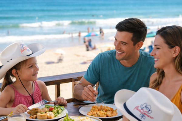 Família almoçando de frente para o mar