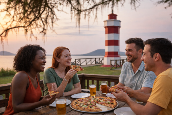 Amigos comendo pizza próximo ao Farol de Itapoá - SC