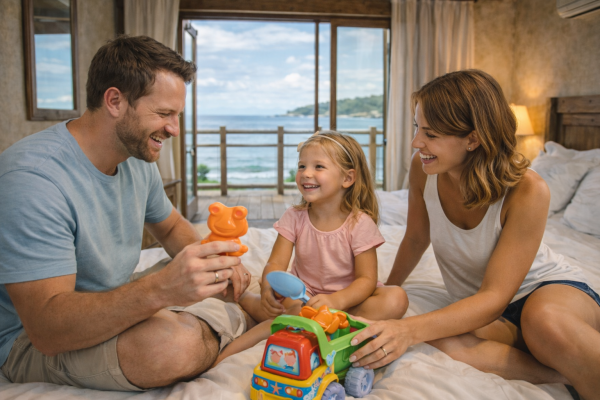 Família feliz em quarto de pousada
